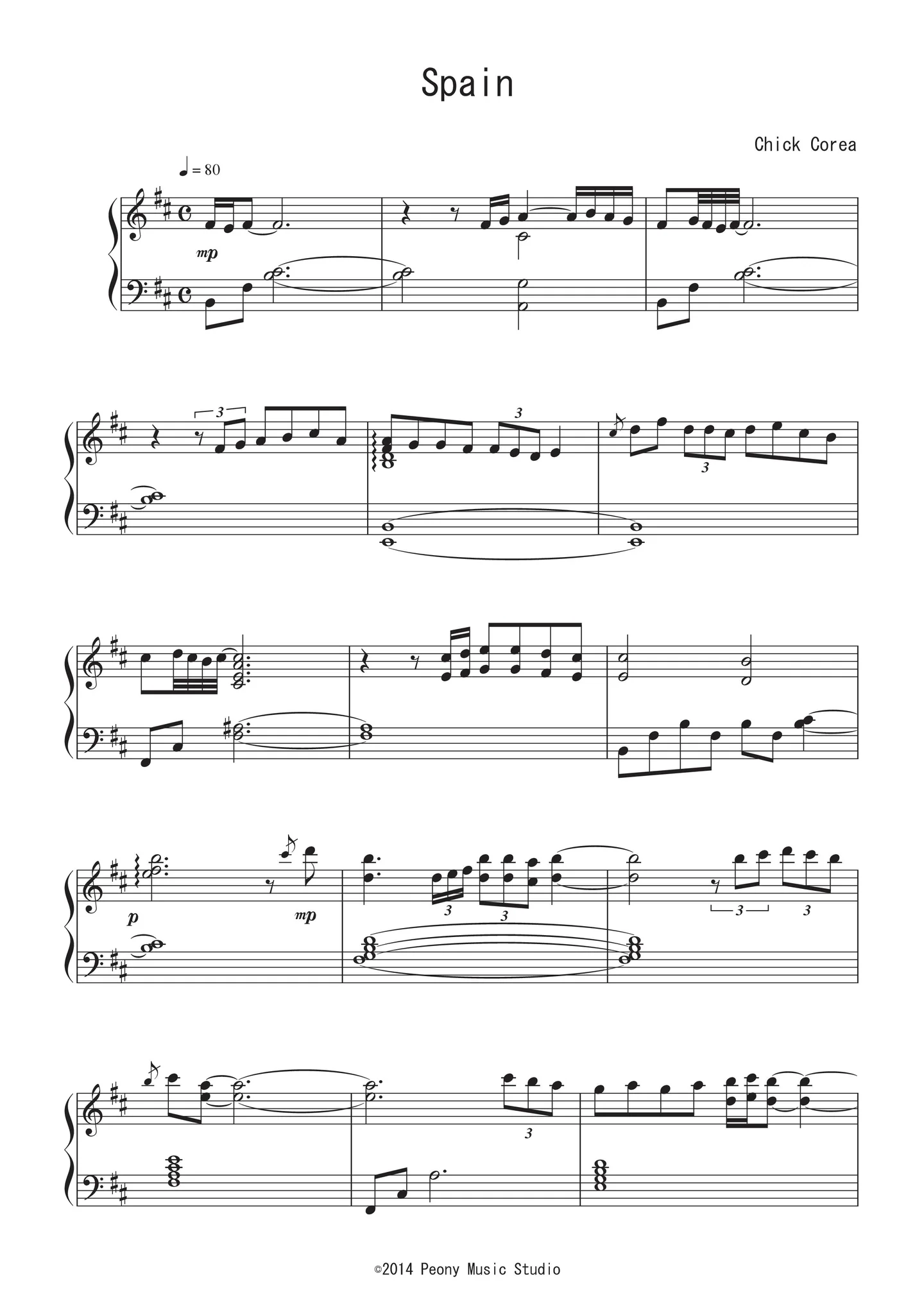 Spain - チック・コリア 上級者向けピアノ楽譜（ソロ） | Peony | Kokomu